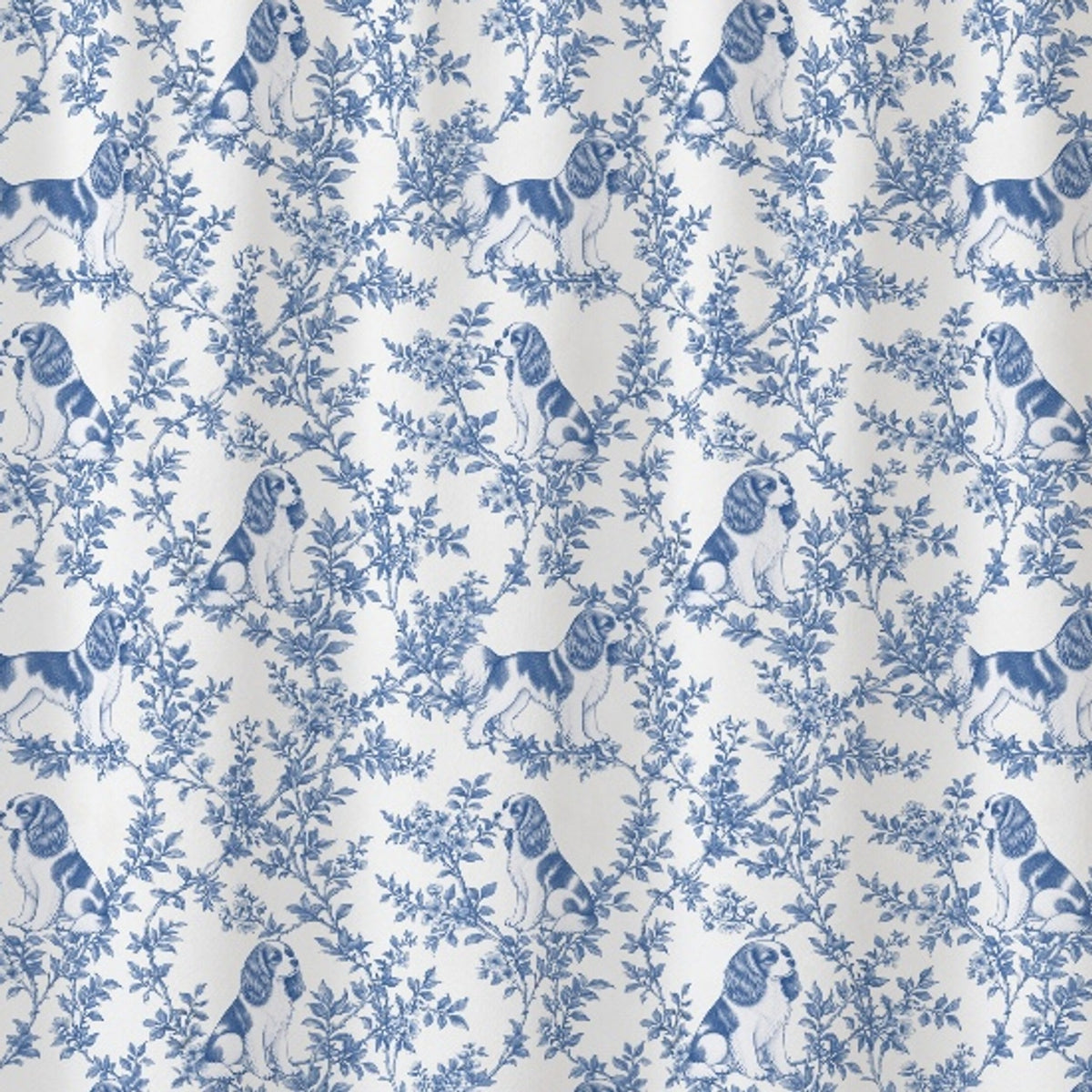 Cavalier King Charles Spaniel toile shower curtain — Blue Detail