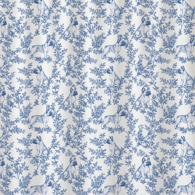 French Bulldog toile shower curtain — Blue Detail