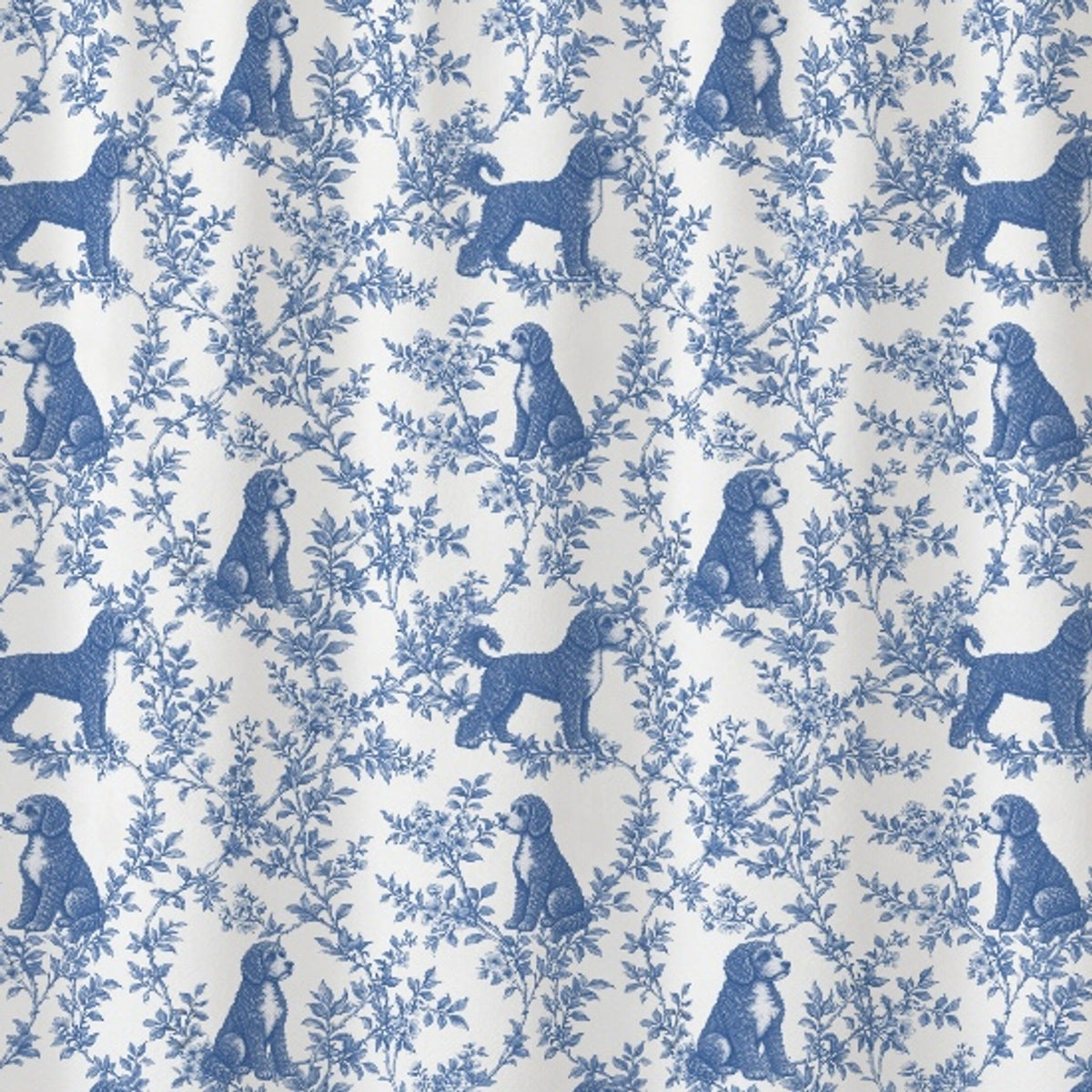 Portuguese Water Dog toile shower curtain — Blue Detail