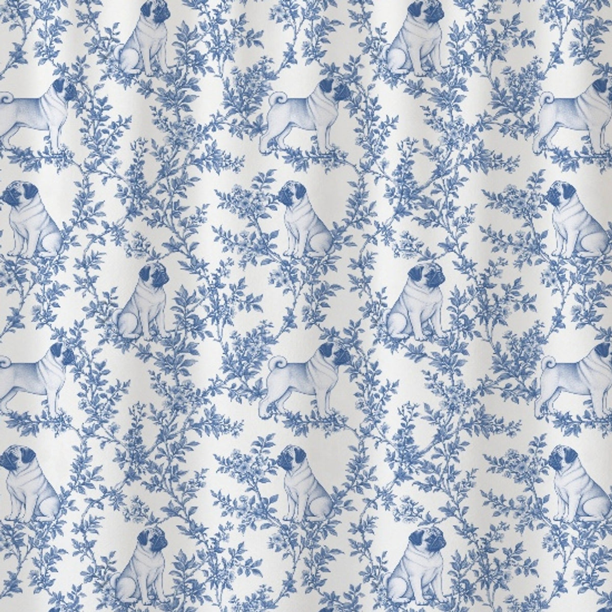 Pug toile shower curtain — Blue Detail