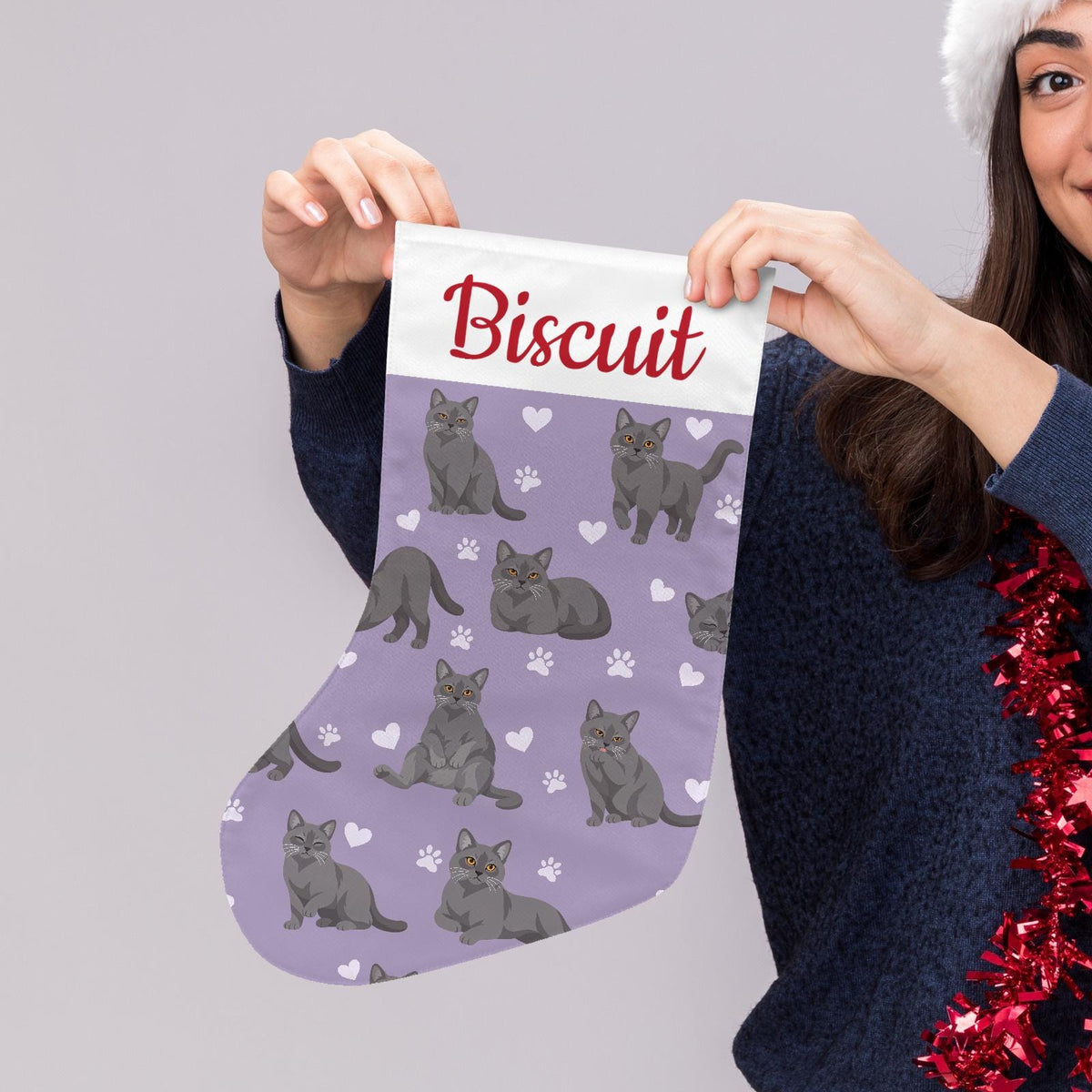Chartreux Christmas stocking on soft lavender background with example name Biscuit in red script on the white cuff; view 5.