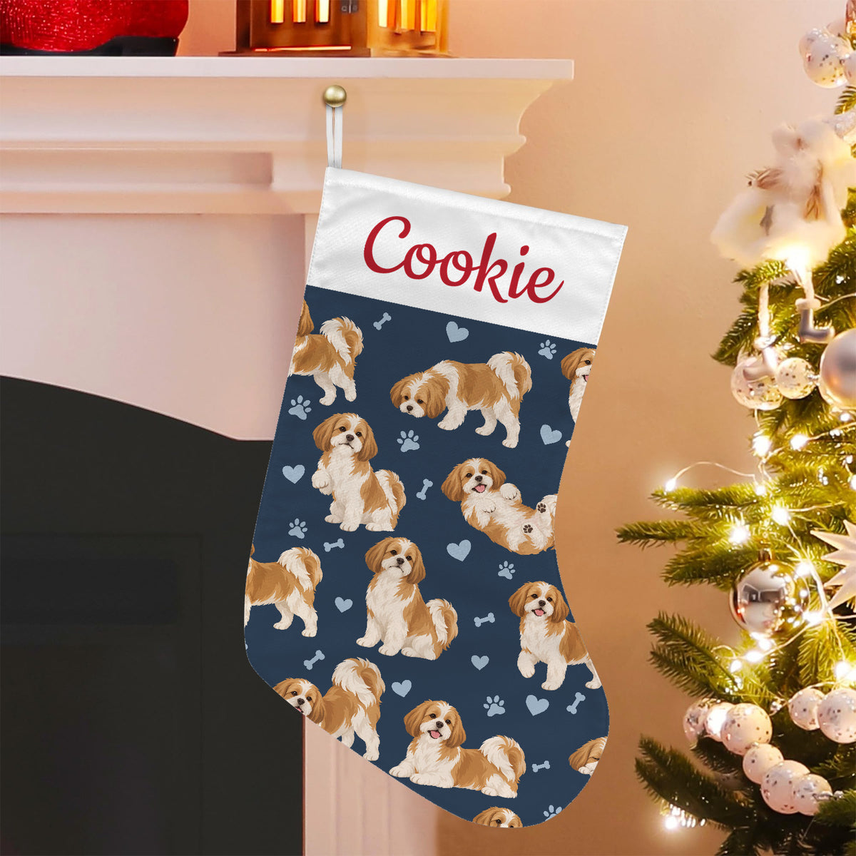 Shih Tzu Christmas stocking on deep navy background with example name Cookie in red script on the white cuff; view 5.