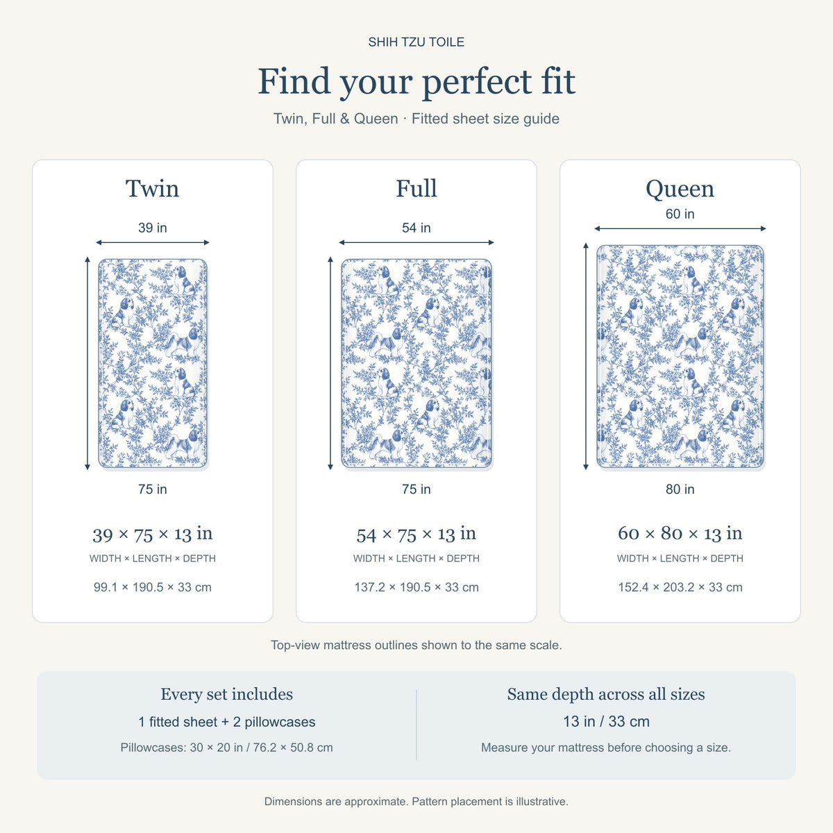 Shih Tzu toile bedding in Blue — Size Comparison