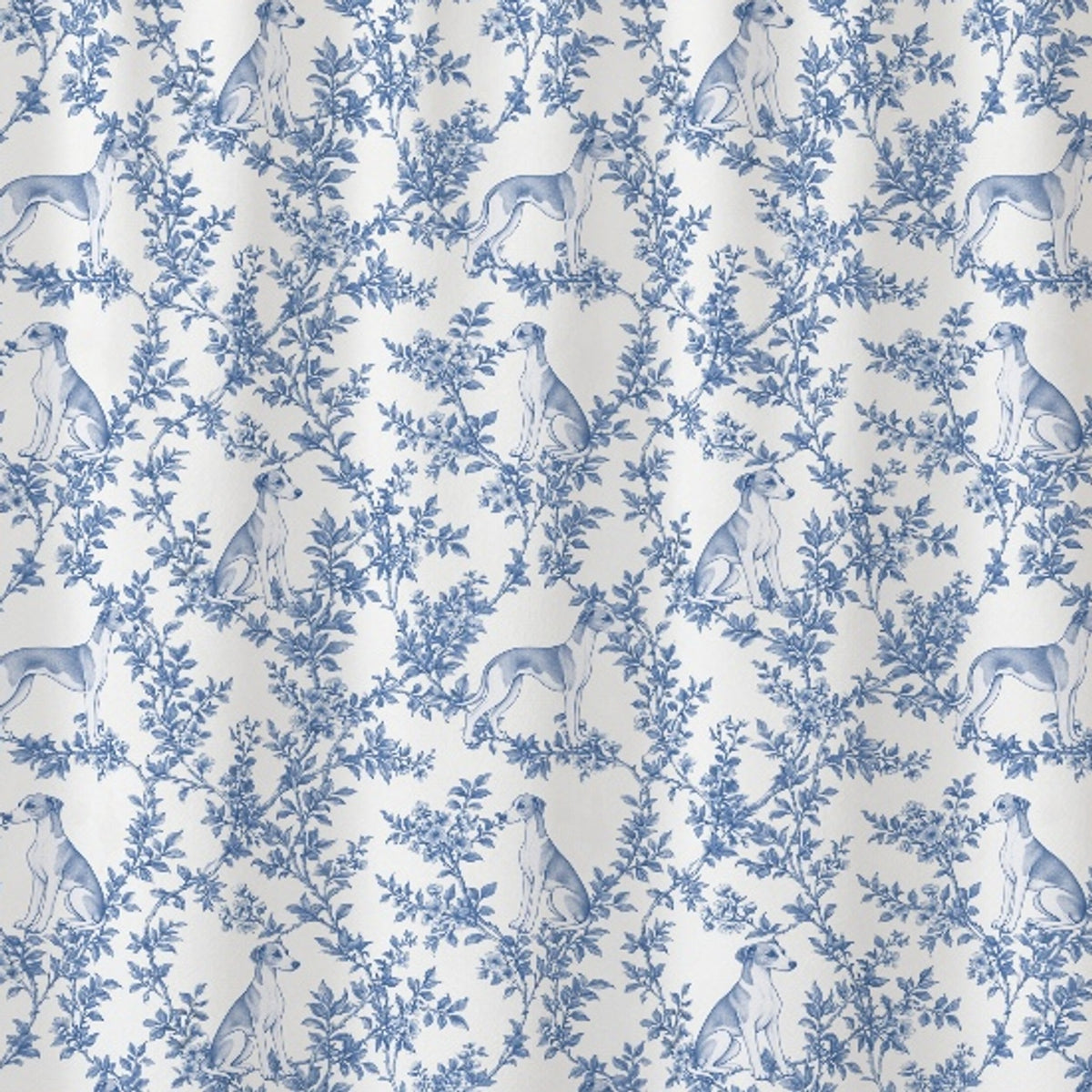 Whippet toile shower curtain — Blue Detail