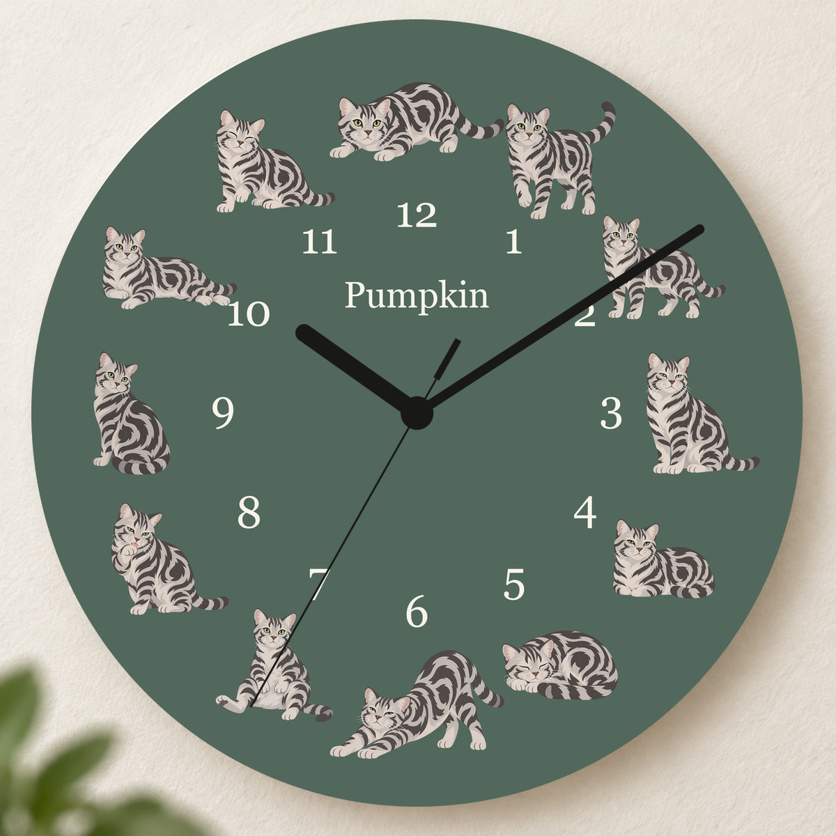 Personalized American Shorthair Cat Wall Clock, Custom Pet Name, 11.6 Inch Wooden Clock — Deep Sage background