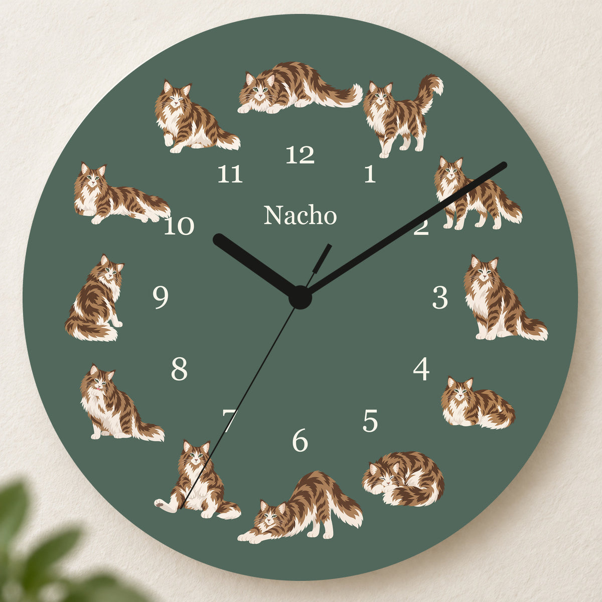 Personalized Norwegian Forest Cat Cat Wall Clock, Custom Pet Name, 11.6 Inch Wooden Clock — Deep Sage background