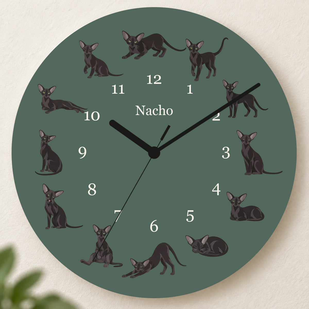 Personalized Oriental Cat Wall Clock, Custom Pet Name, 11.6 Inch Wooden Clock — Deep Sage background