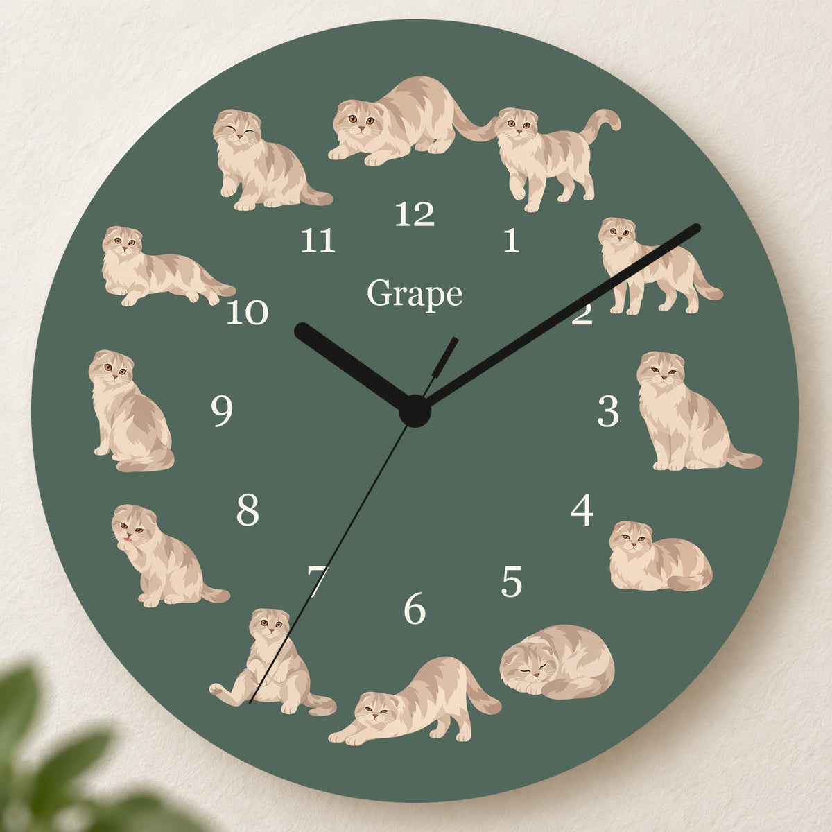Personalized Scottish Fold Cat Wall Clock, Custom Pet Name, 11.6 Inch Wooden Clock — Deep Sage background