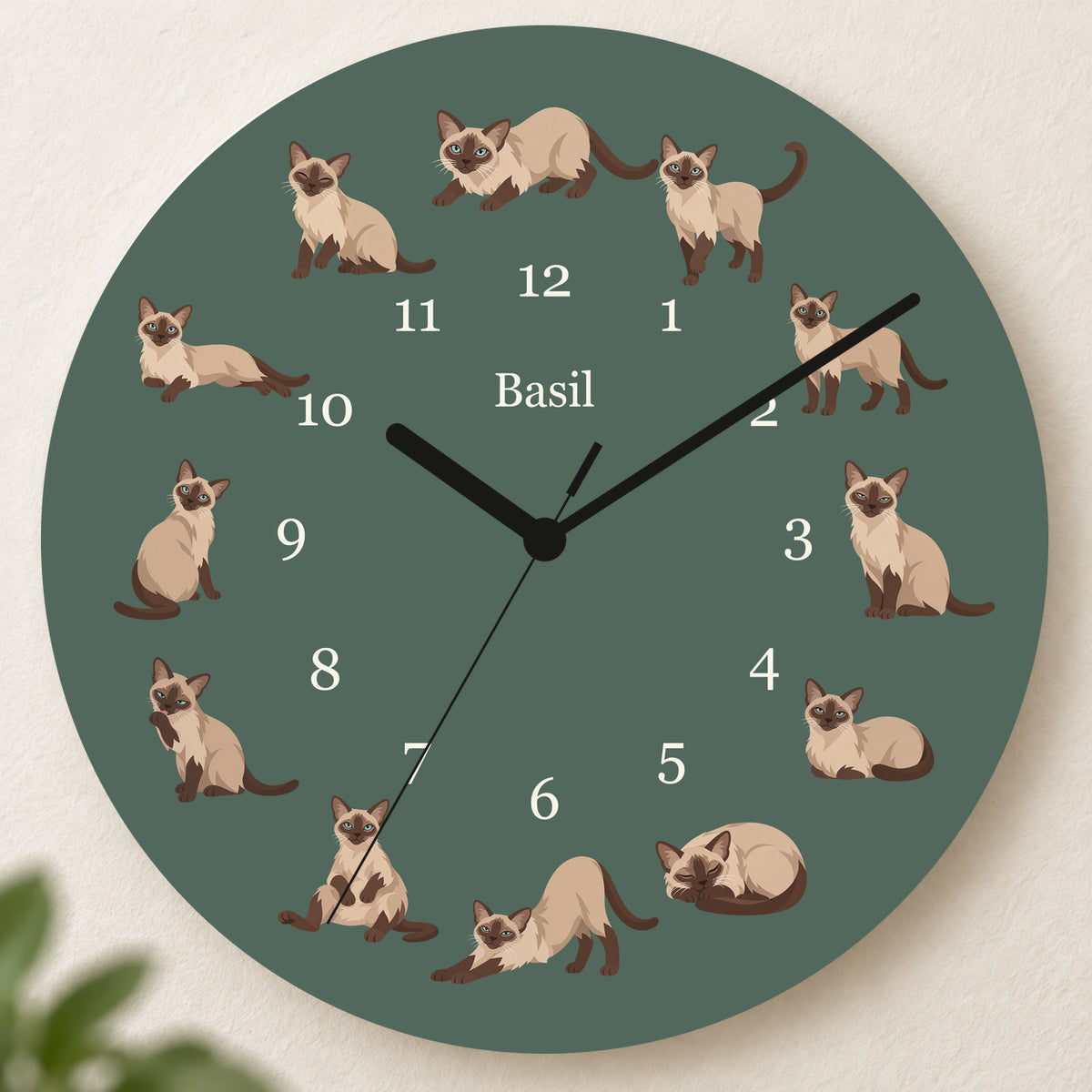 Personalized Tonkinese Cat Wall Clock, Custom Pet Name, 11.6 Inch Wooden Clock — Deep Sage background