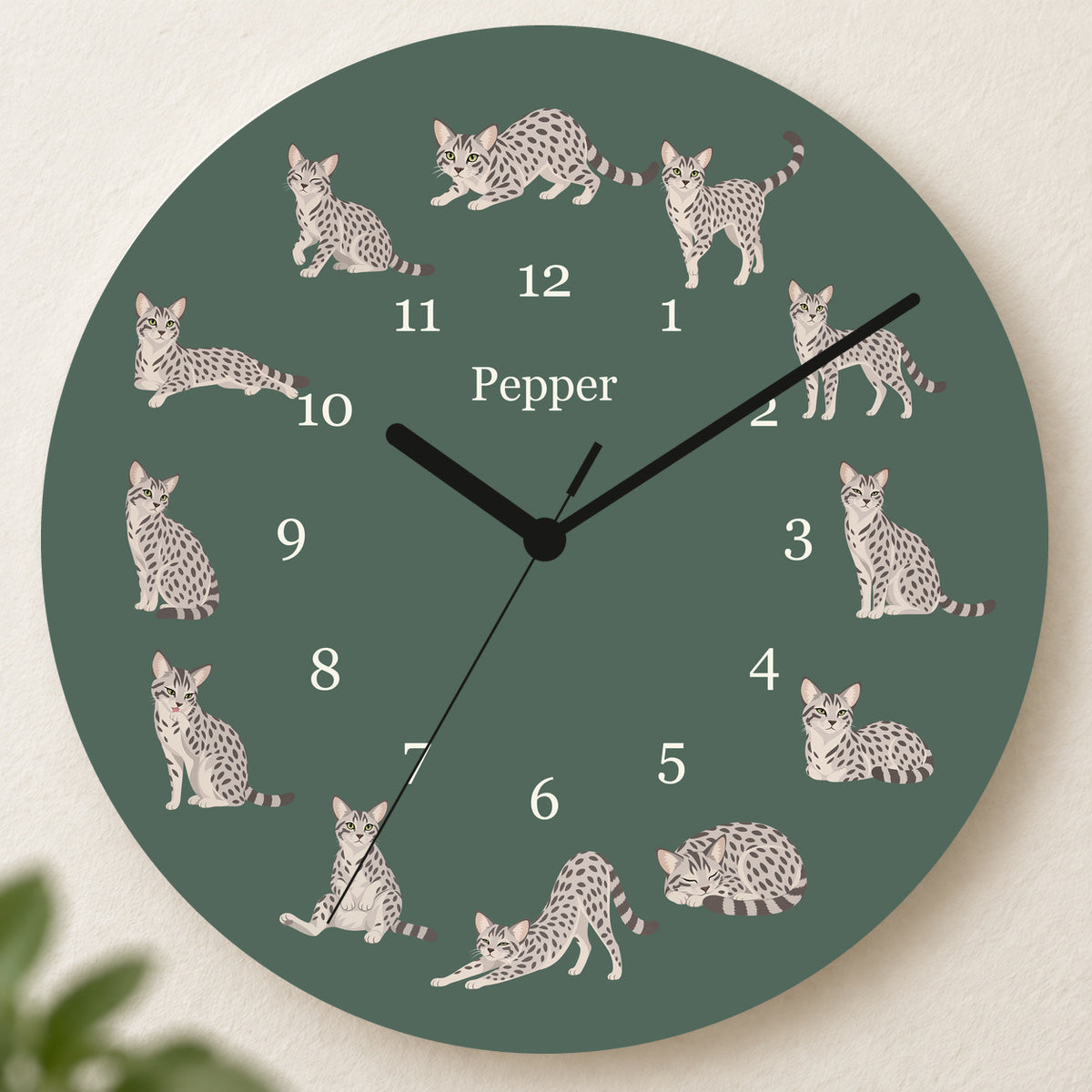 Personalized Egyptian Mau Cat Wall Clock, Custom Pet Name, 11.6 Inch Wooden Clock — Deep Sage background