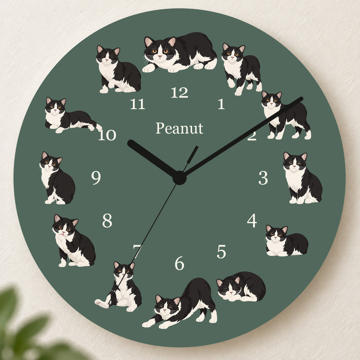 Personalized Manx Cat Wall Clock, Custom Pet Name, 11.6 Inch Wooden Clock — Deep Sage background