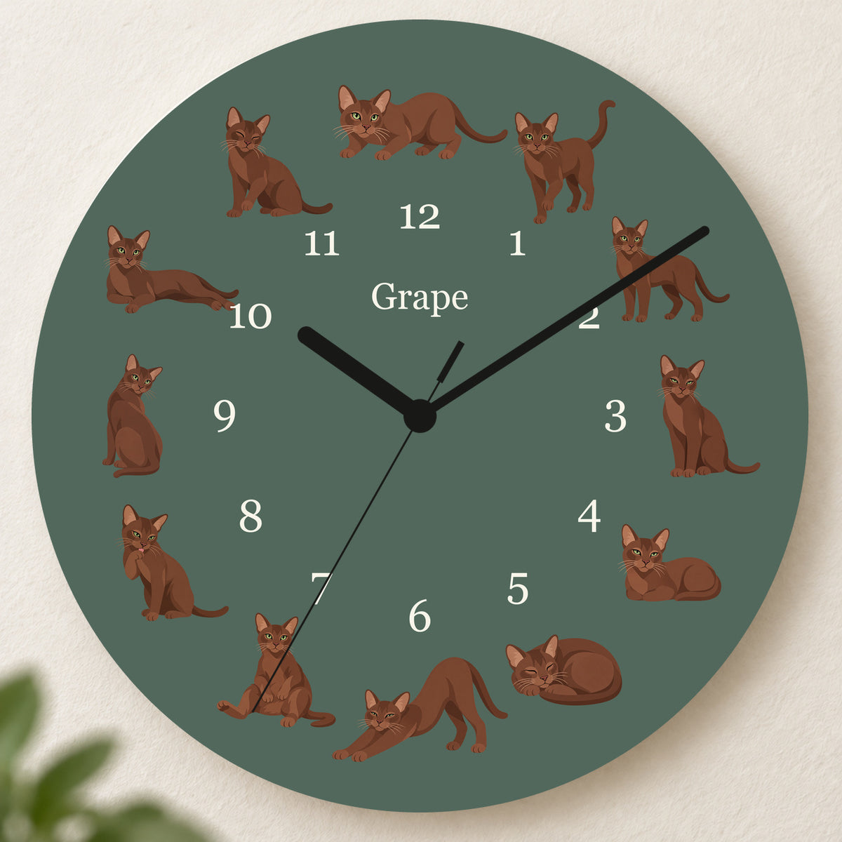 Personalized Havana Brown Cat Wall Clock, Custom Pet Name, 11.6 Inch Wooden Clock — Deep Sage background