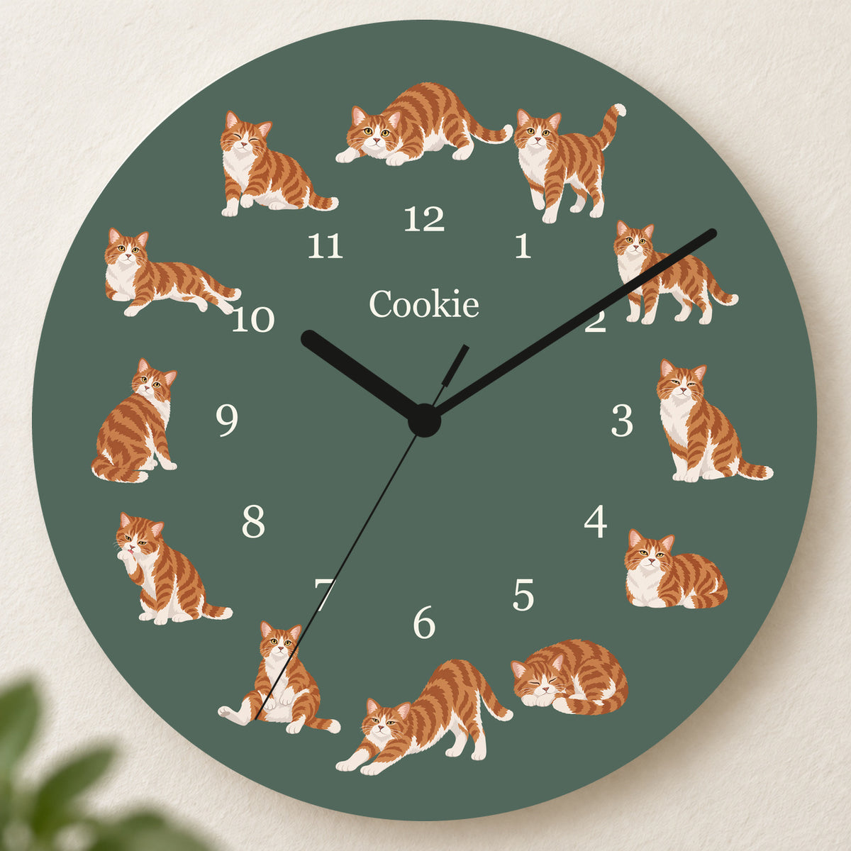 Personalized American Wirehair Cat Wall Clock, Custom Pet Name, 11.6 Inch Wooden Clock — Deep Sage background