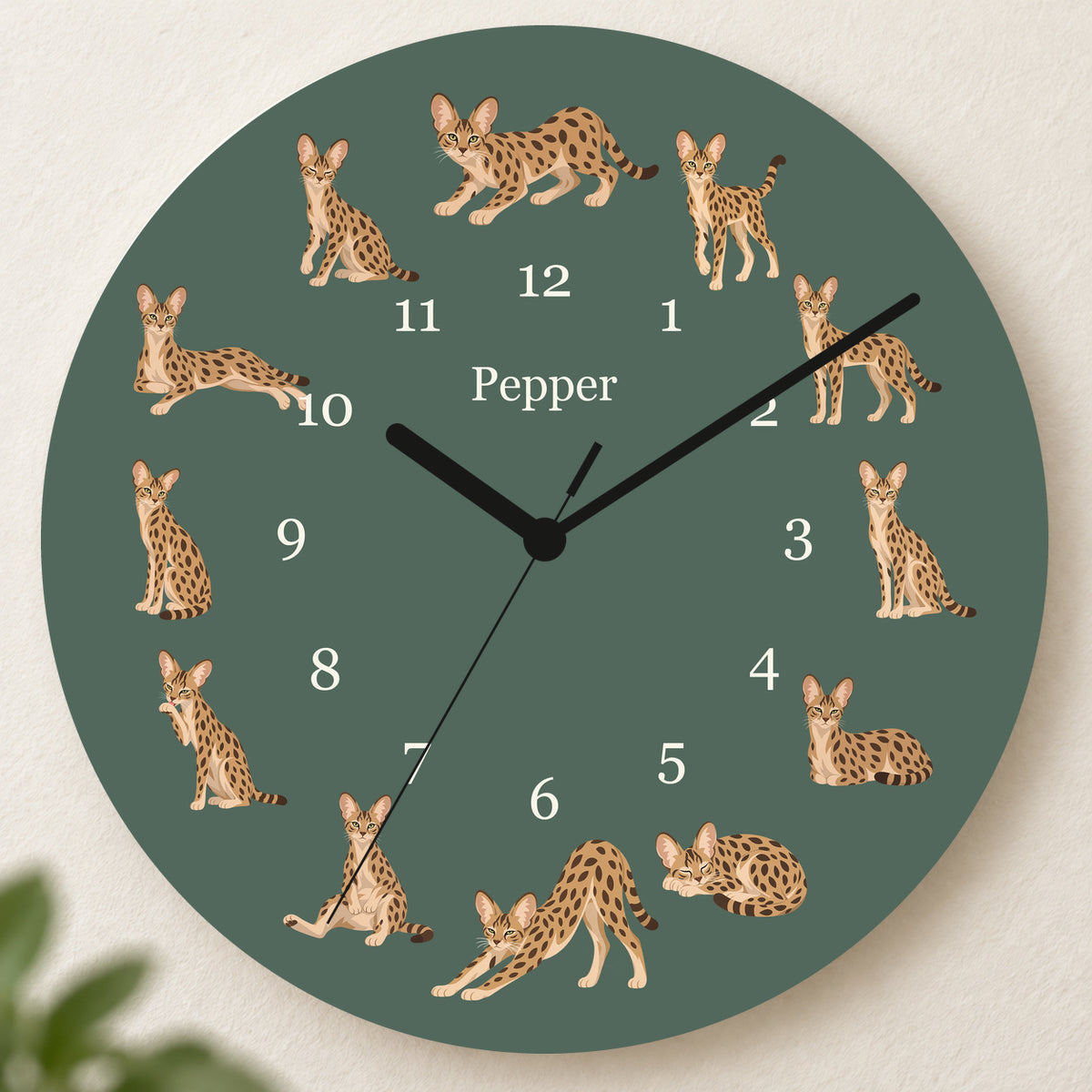 Personalized Savannah Cat Wall Clock, Custom Pet Name, 11.6 Inch Wooden Clock — Deep Sage background