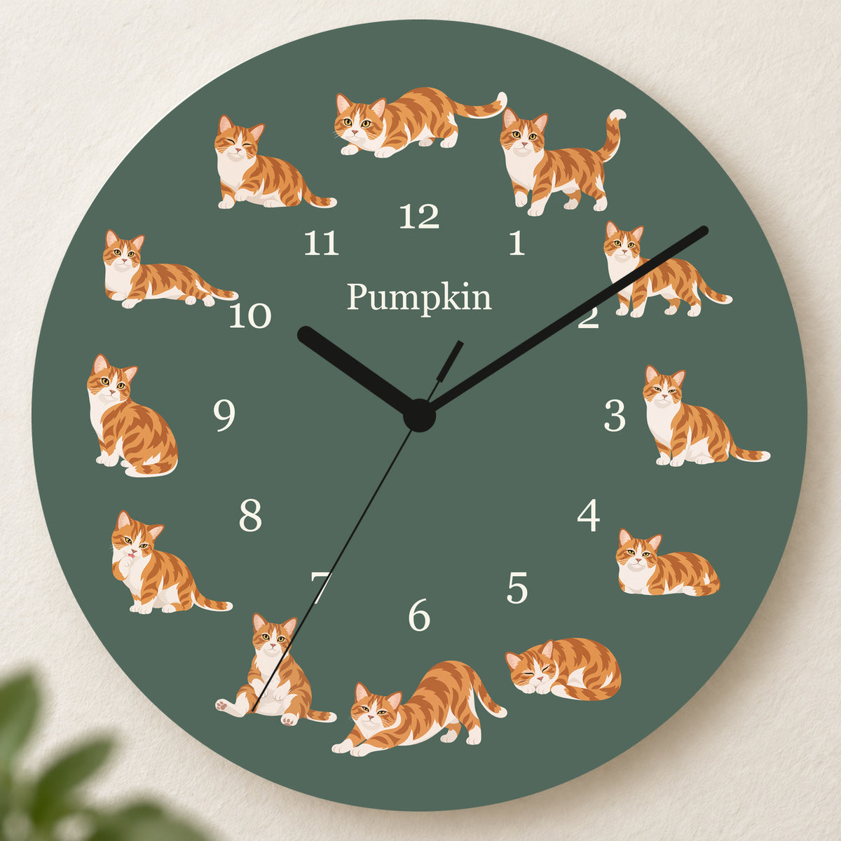 Personalized Munchkin Cat Wall Clock, Custom Pet Name, 11.6 Inch Wooden Clock — Deep Sage background
