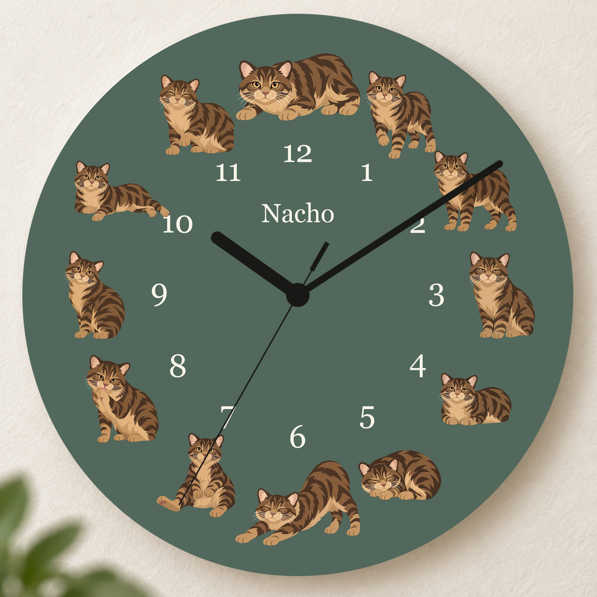 Personalized Manx Cat Wall Clock, Custom Pet Name, 11.6 Inch Wooden Clock — Deep Sage background