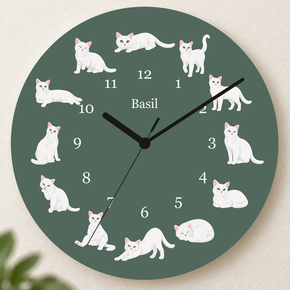 Personalized Domestic Shorthair Cat Wall Clock, Custom Pet Name, 11.6 Inch Wooden Clock — Deep Sage background