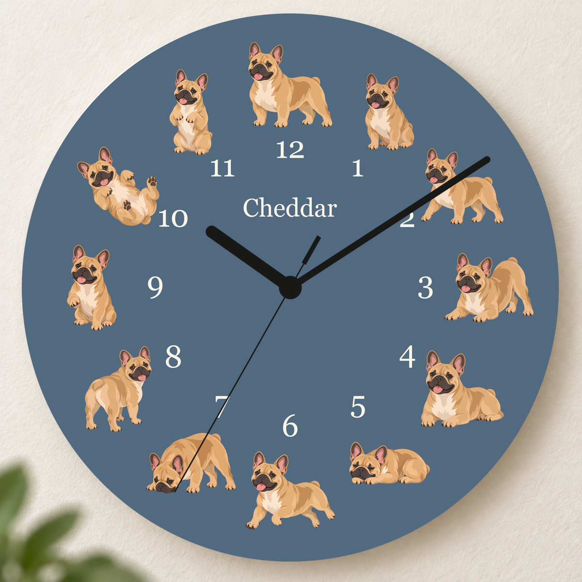 Personalized French Bulldog Wall Clock, Custom Pet Name, 11.6 Inch Wooden Clock — Muted Denim background