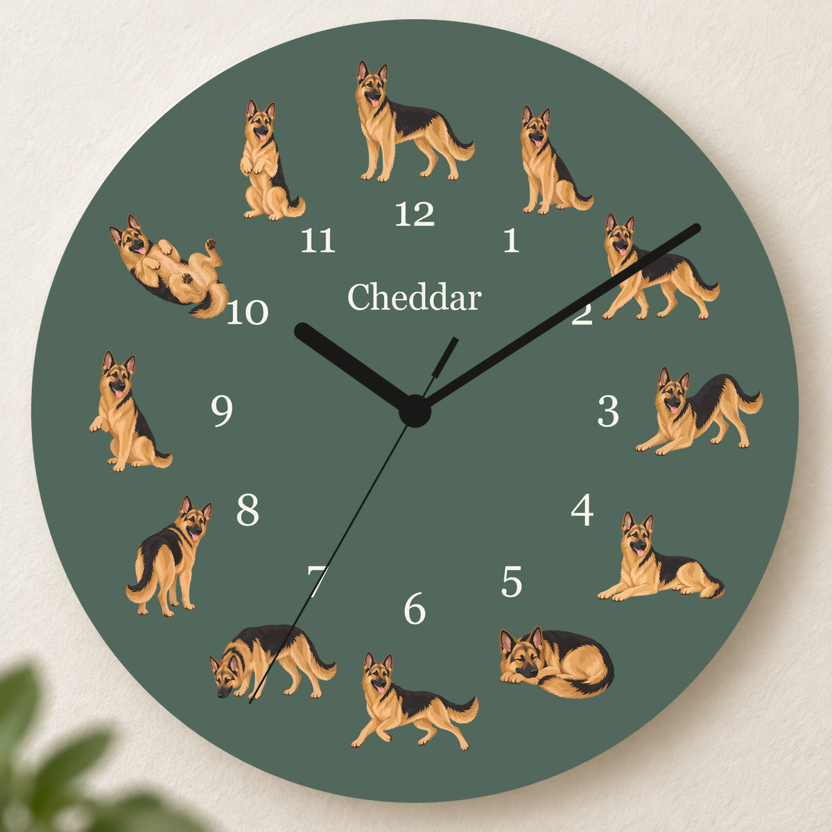 Personalized German Shepherd Dog Wall Clock, Custom Pet Name, 11.6 Inch Wooden Clock — Deep Sage background