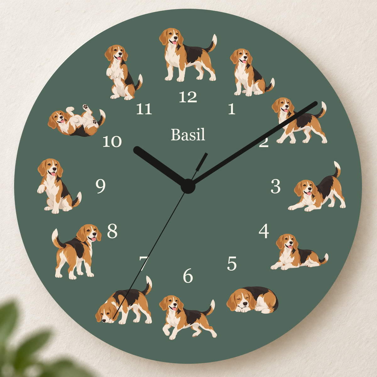 Personalized Beagle Wall Clock, Custom Pet Name, 11.6 Inch Wooden Clock — Deep Sage background