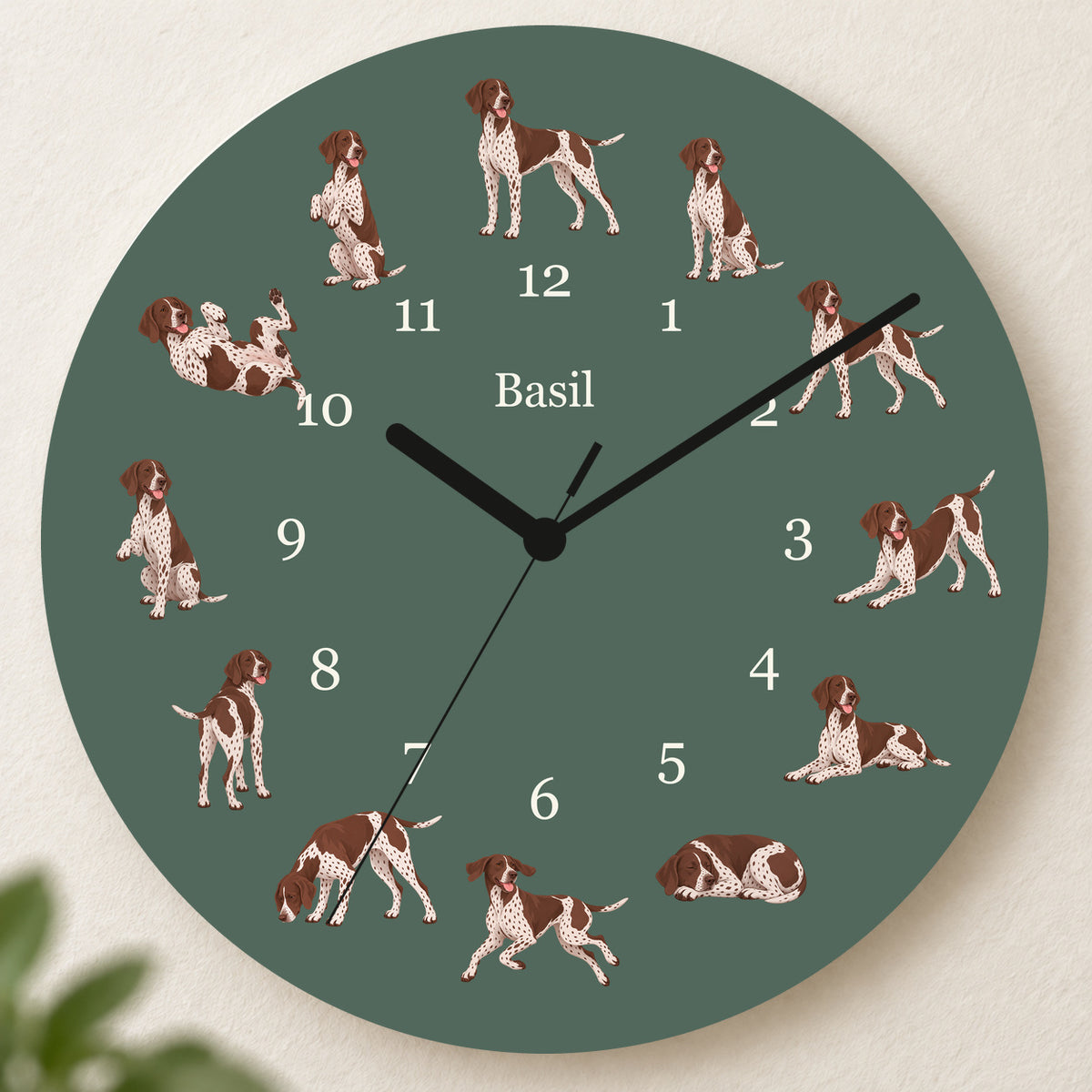 Personalized German Shorthaired Pointer Wall Clock, Custom Pet Name, 11.6 Inch Wooden Clock — Deep Sage background