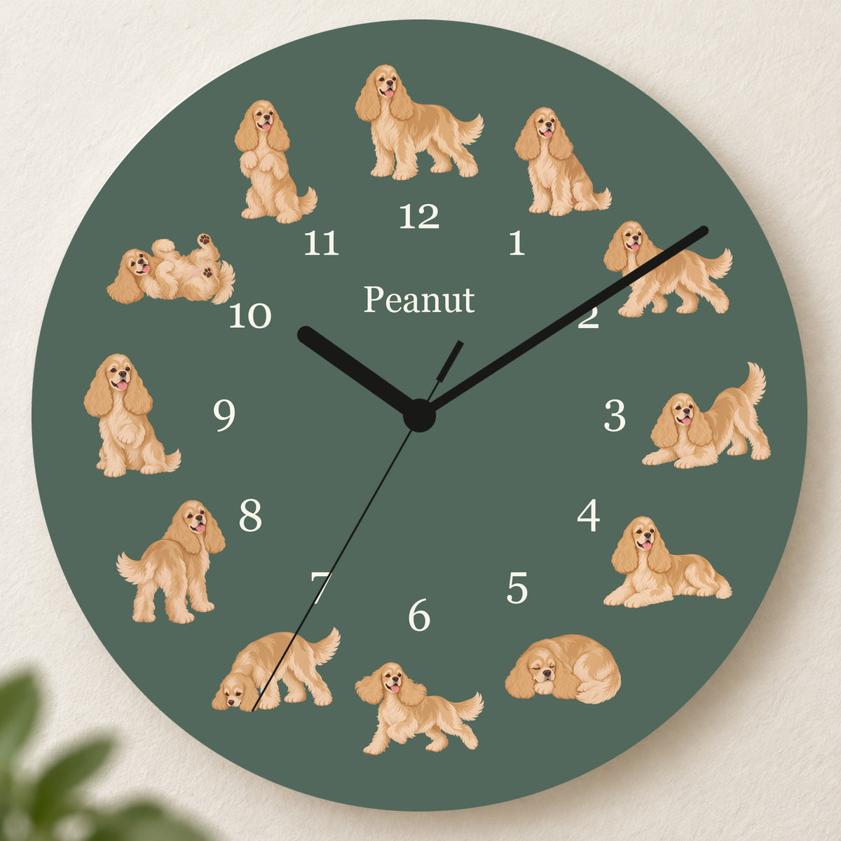Personalized Cocker Spaniel Wall Clock, Custom Pet Name, 11.6 Inch Wooden Clock — Deep Sage background