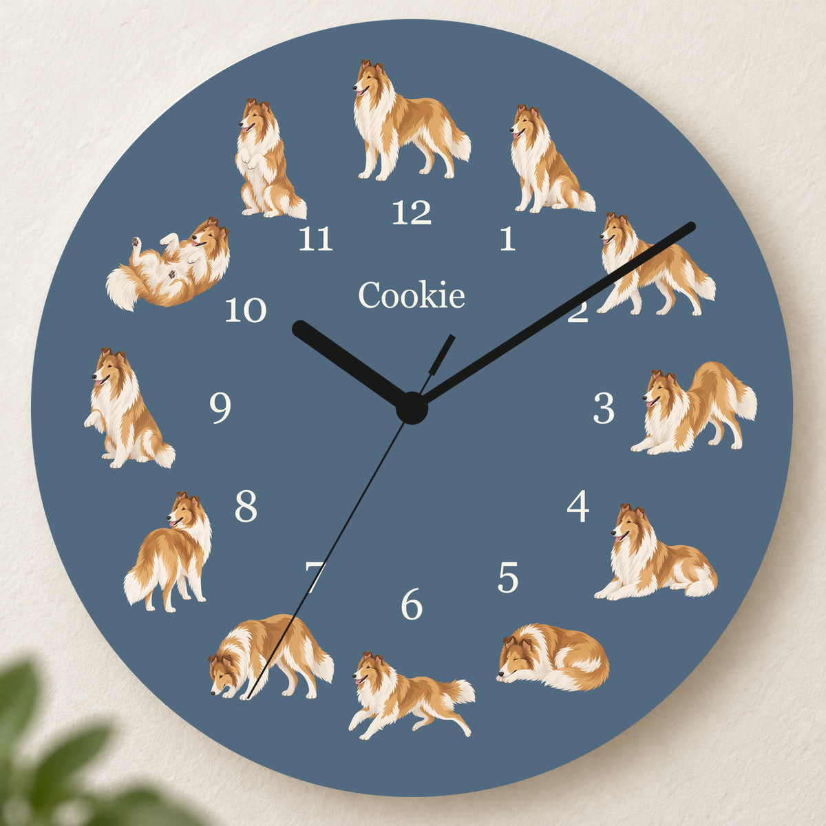 Personalized Collie Wall Clock, Custom Pet Name, 11.6 Inch Wooden Clock — Muted Denim background
