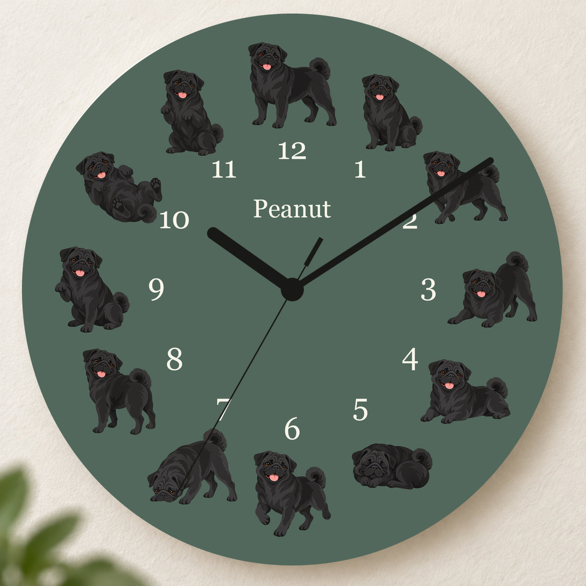Personalized Pug Black Wall Clock, Custom Pet Name, 11.6 Inch Wooden Clock — Deep Sage background