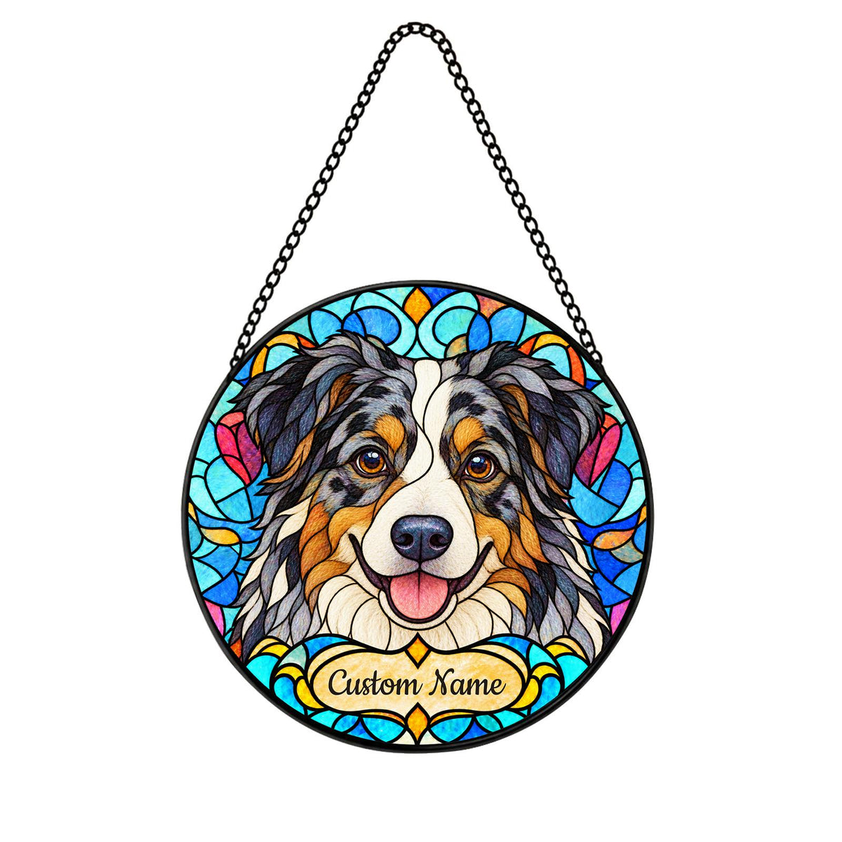 Personalized Australian Shepherd Suncatcher, Custom Name, Floral Stained Glass Window Hanging