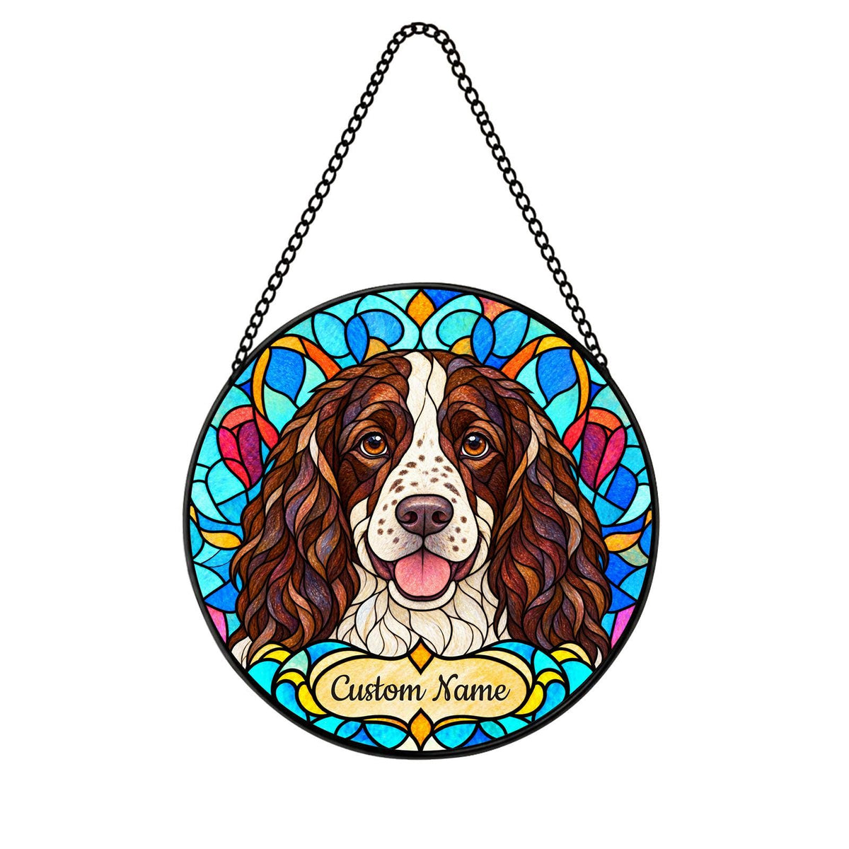 Personalized English Springer Spaniel Suncatcher, Custom Name, Floral Stained Glass Window Hanging