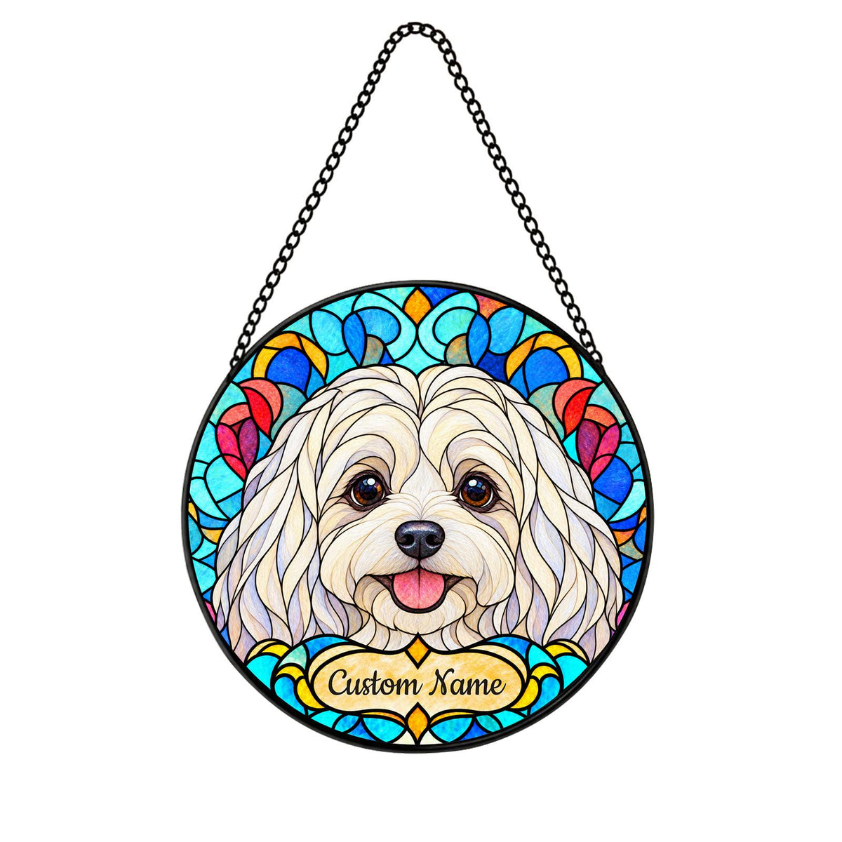 Personalized Maltese Suncatcher, Custom Name, Floral Stained Glass Window Hanging