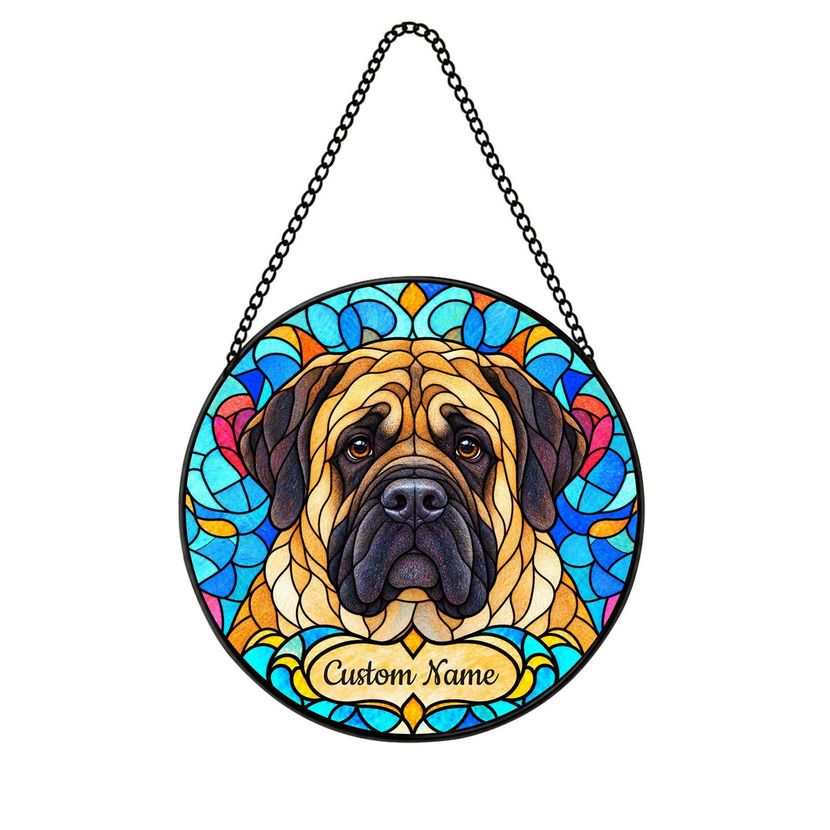 Personalized Mastiff Suncatcher, Custom Name, Floral Stained Glass Window Hanging