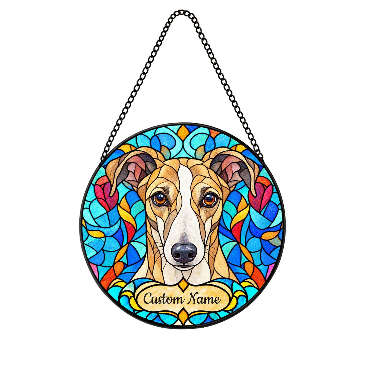 Personalized Whippet Dog Suncatcher, Custom Name, Floral Stained Glass Window Hanging