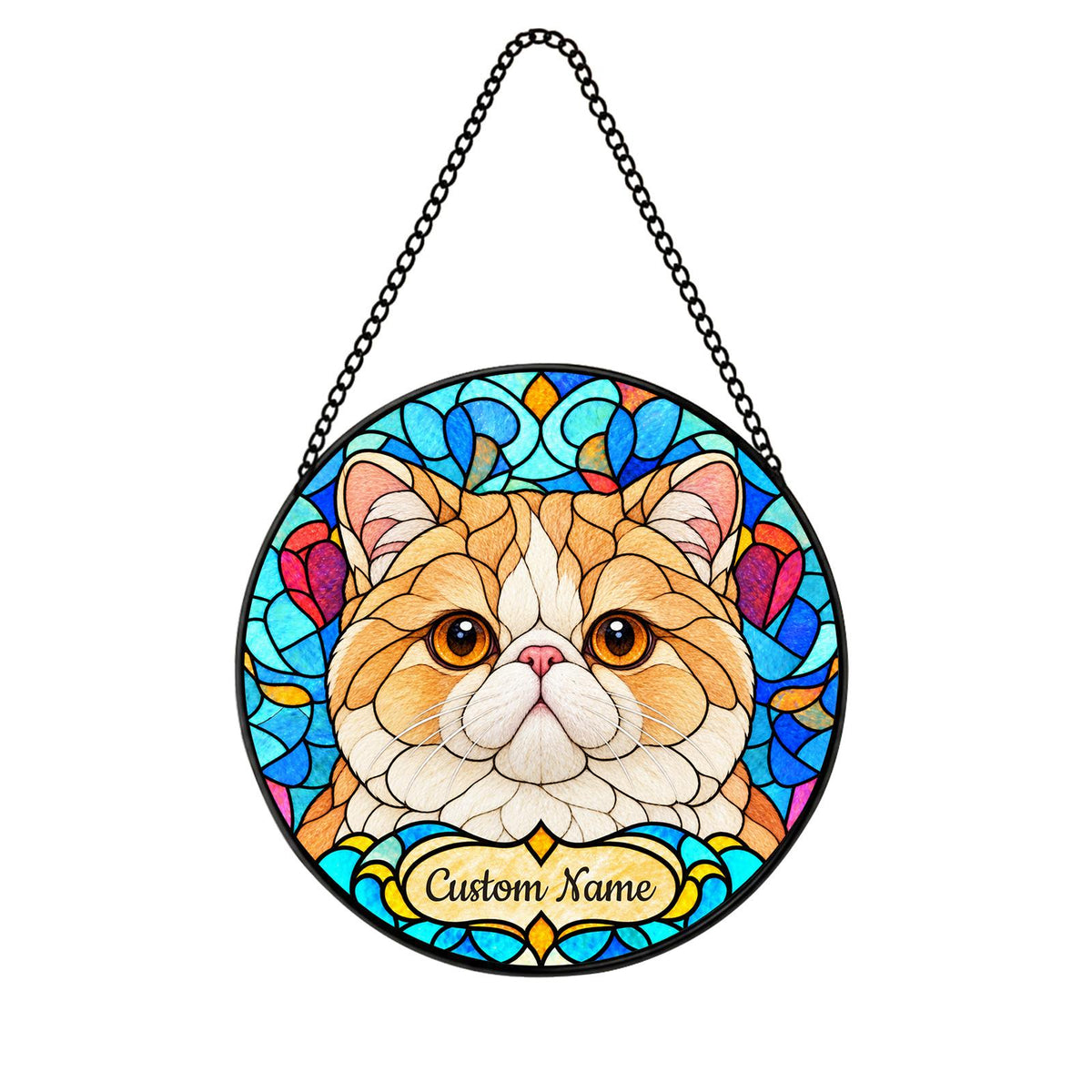 Personalized Exotic Shorthair Cat Suncatcher, Custom Name, Floral Stained Glass Window Hanging