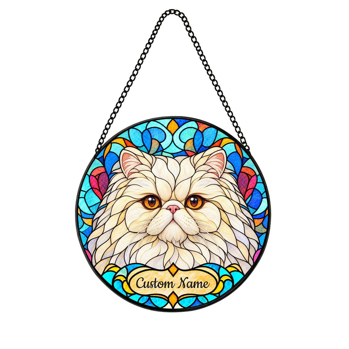 Personalized Persian Cat Suncatcher, Custom Name, Floral Stained Glass Window Hanging
