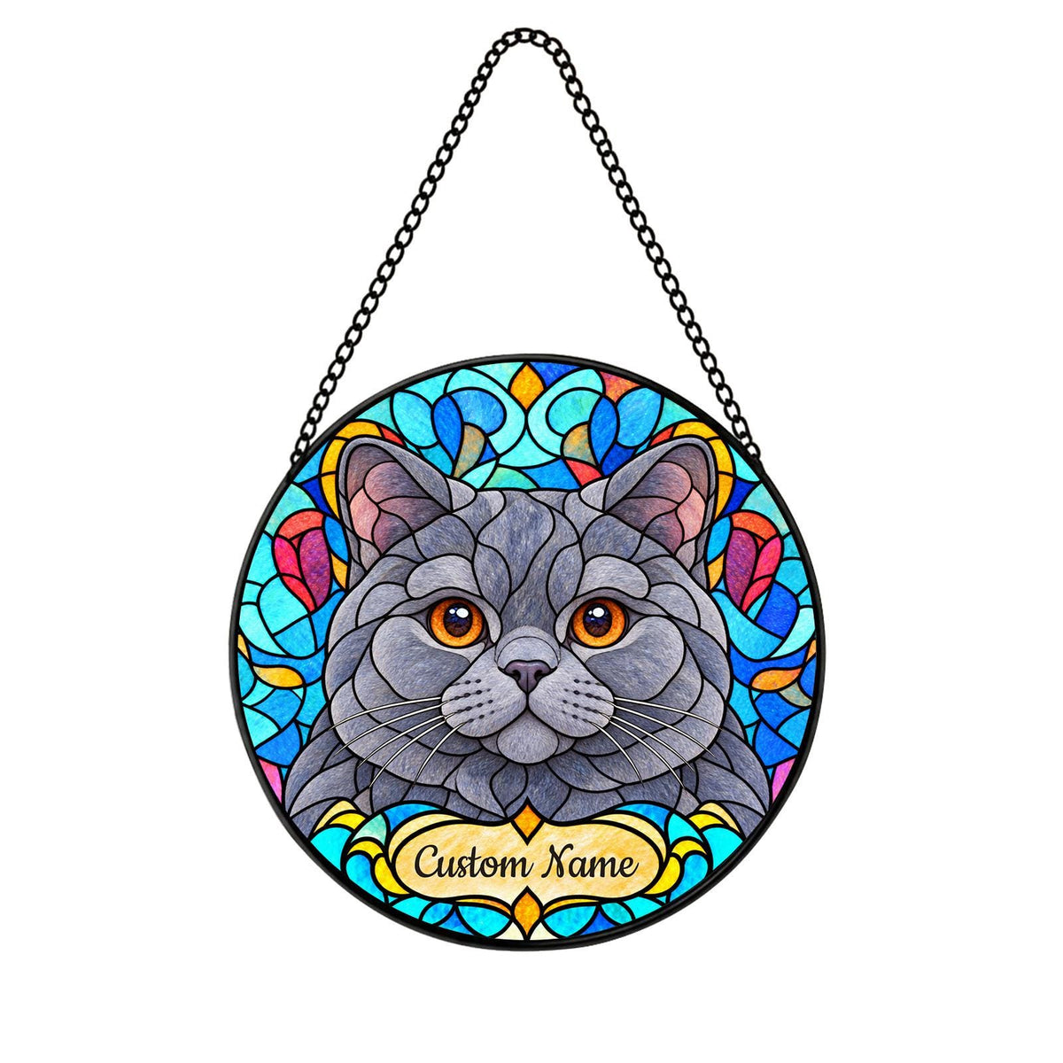 Personalized British Shorthair Suncatcher, Custom Name, Floral Stained Glass Window Hanging