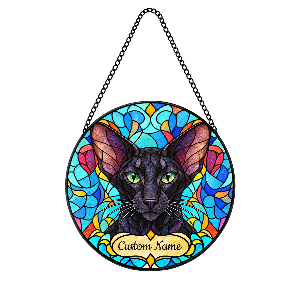 Personalized Oriental Cat Suncatcher, Custom Name, Floral Stained Glass Window Hanging