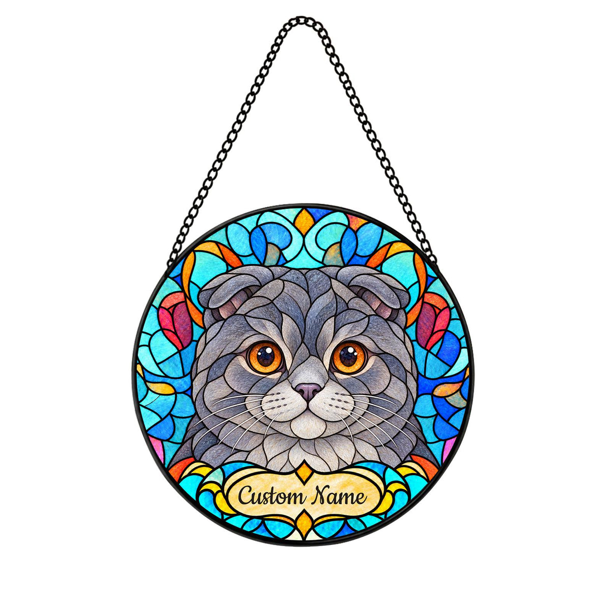 Personalized Scottish Fold Suncatcher, Custom Name, Floral Stained Glass Window Hanging