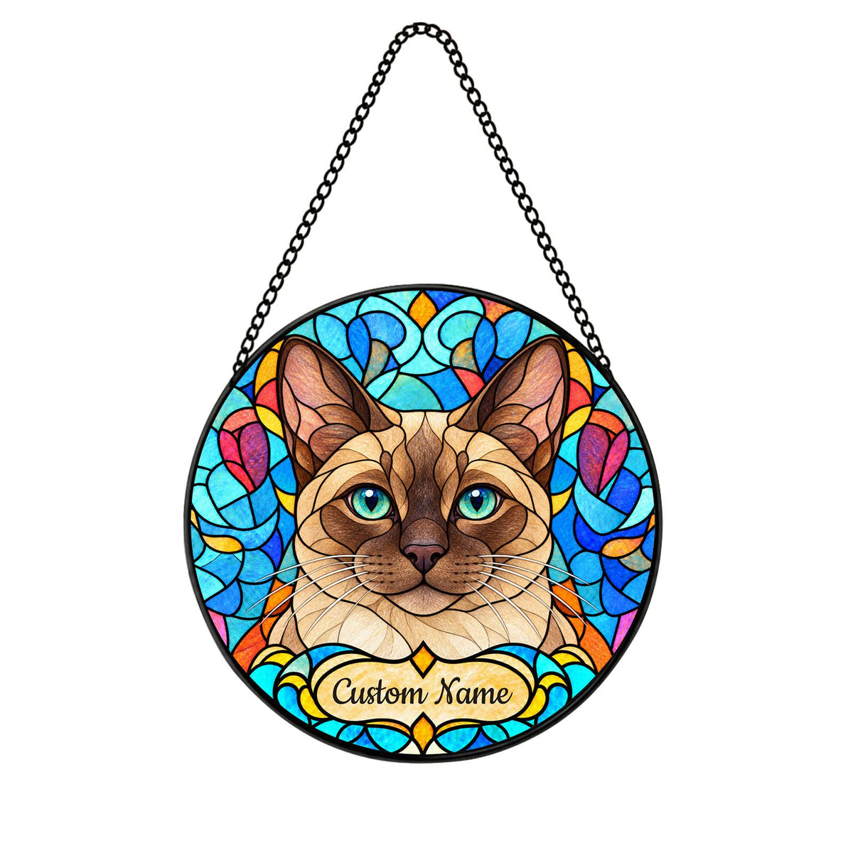 Personalized Tonkinese Cat Suncatcher, Custom Name, Floral Stained Glass Window Hanging