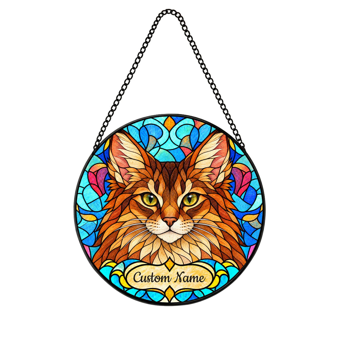 Personalized Somali Cat Suncatcher, Custom Name, Floral Stained Glass Window Hanging