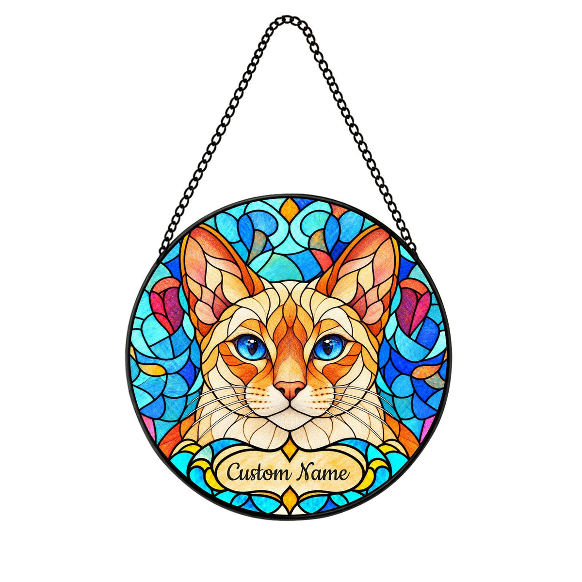 Personalized Colorpoint Shorthair Cat Suncatcher, Custom Name, Floral Stained Glass Window Hanging