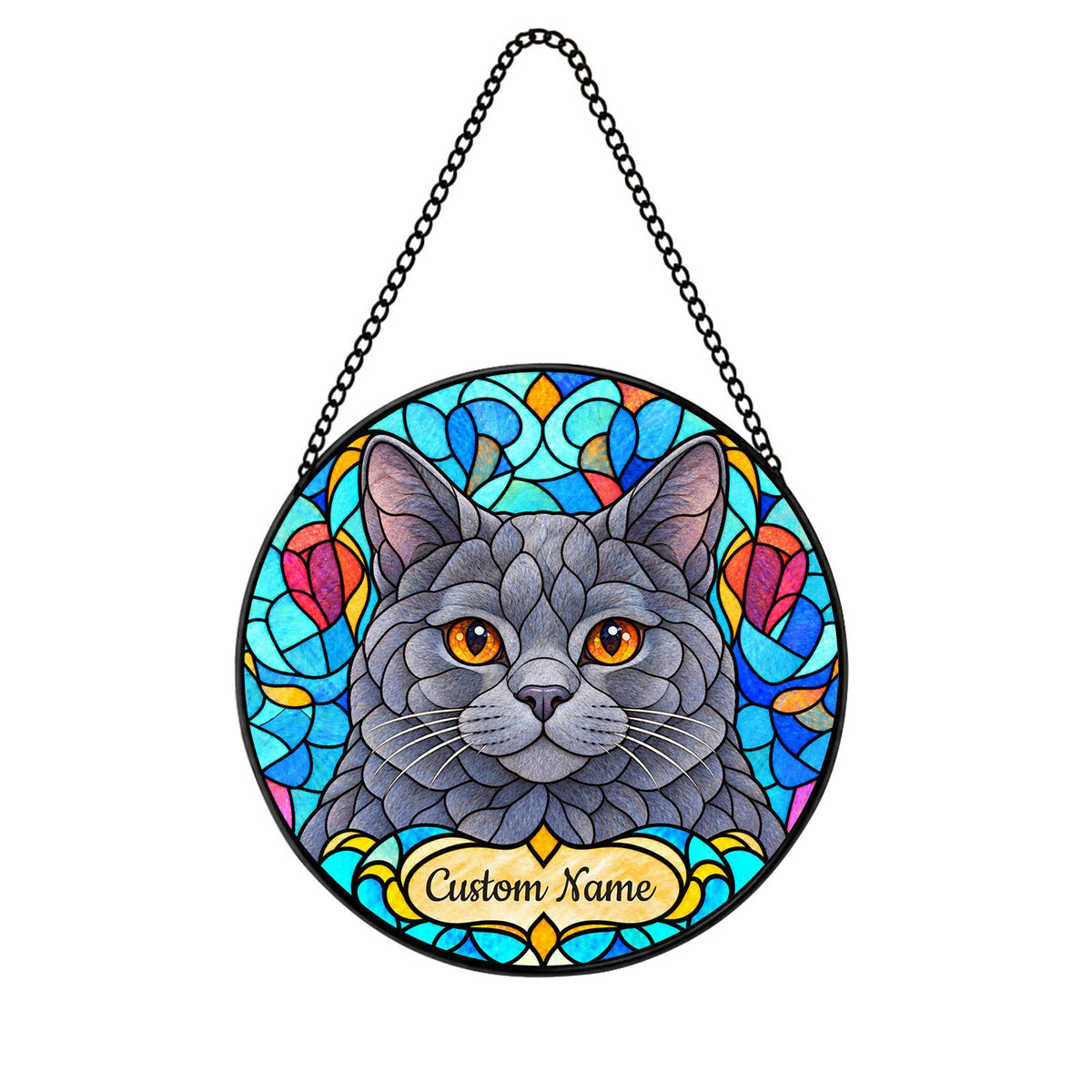Personalized Chartreux Cat Suncatcher, Custom Name, Floral Stained Glass Window Hanging