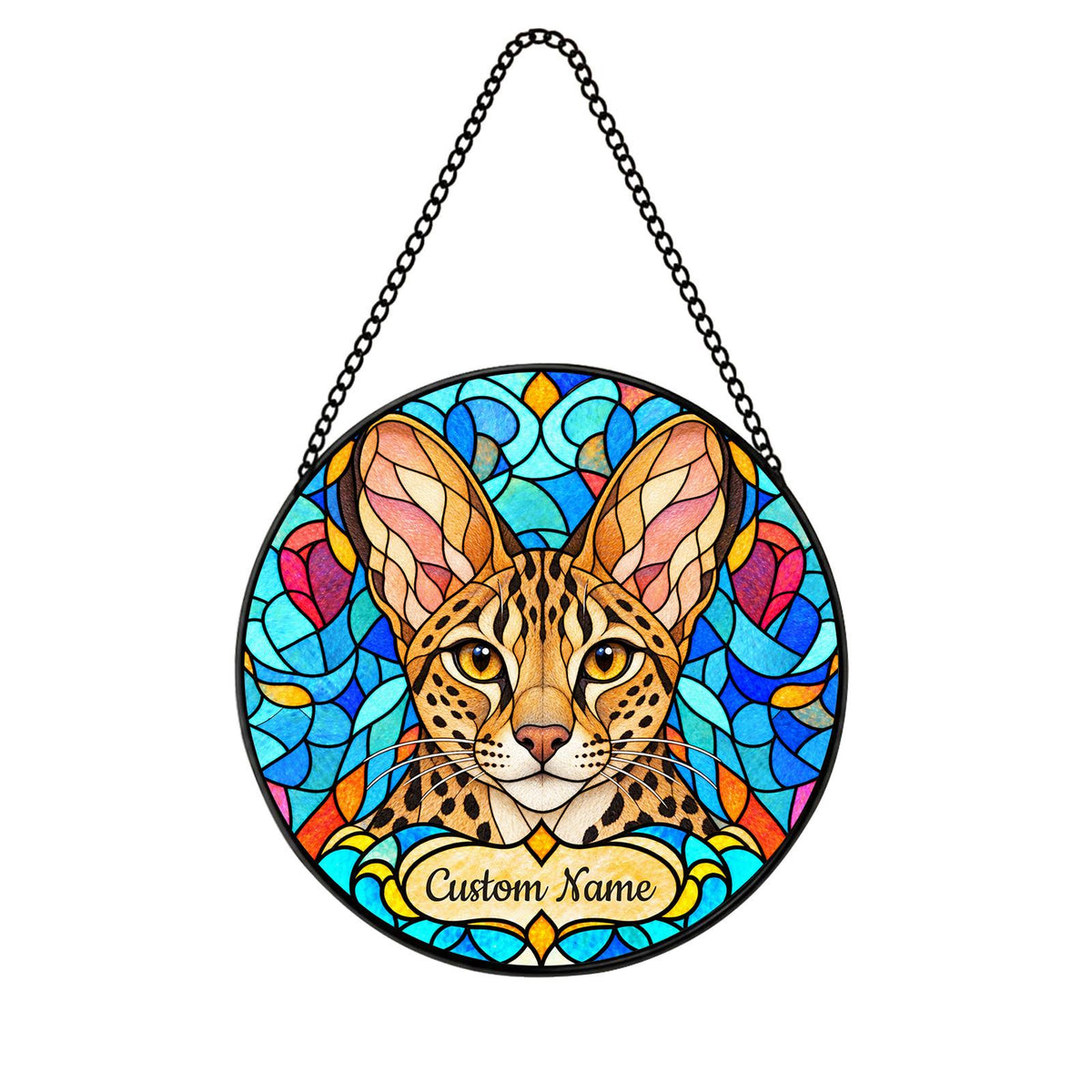 Personalized Savannah Cat Suncatcher, Custom Name, Floral Stained Glass Window Hanging