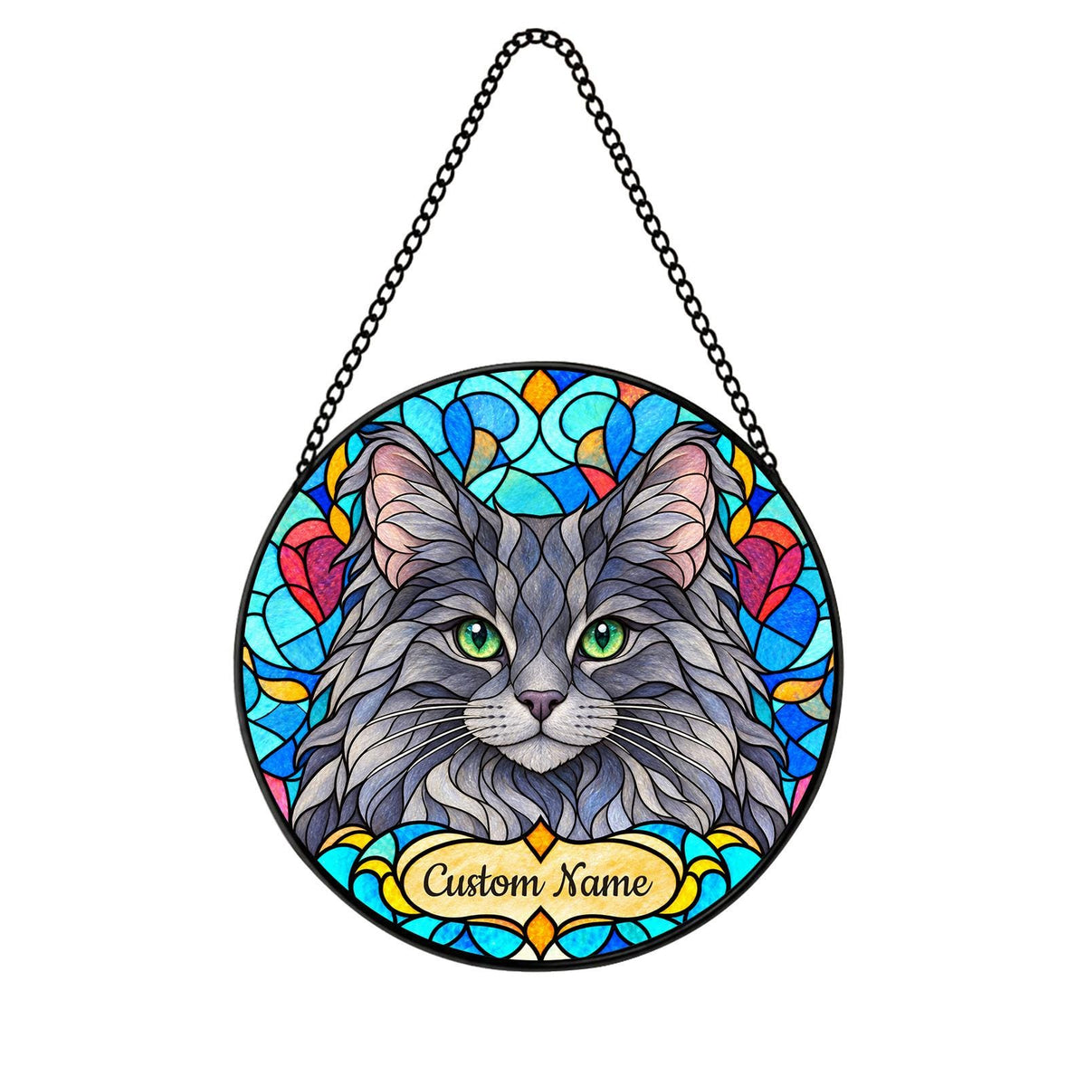 Personalized Nebelung Cat Suncatcher, Custom Name, Floral Stained Glass Window Hanging