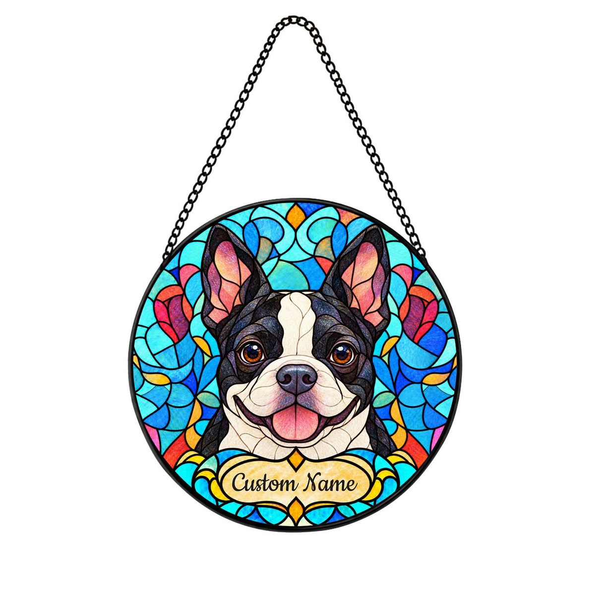 Personalized Boston Terrier Suncatcher, Custom Name, Floral Stained Glass Window Hanging
