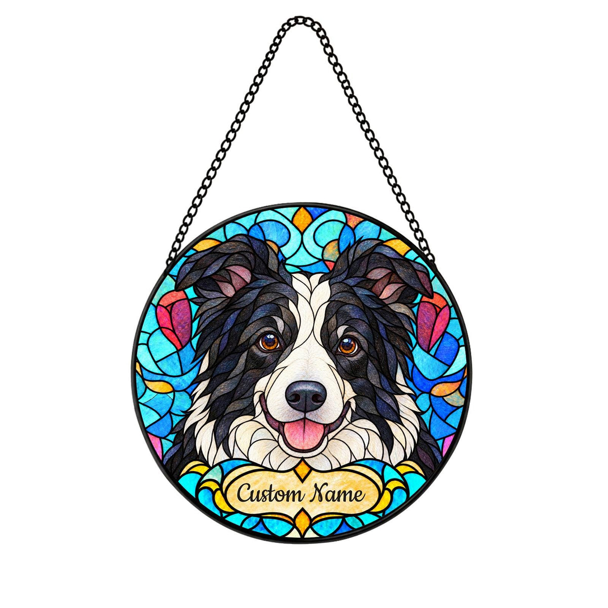 Personalized Border Collie Suncatcher, Custom Name, Floral Stained Glass Window Hanging