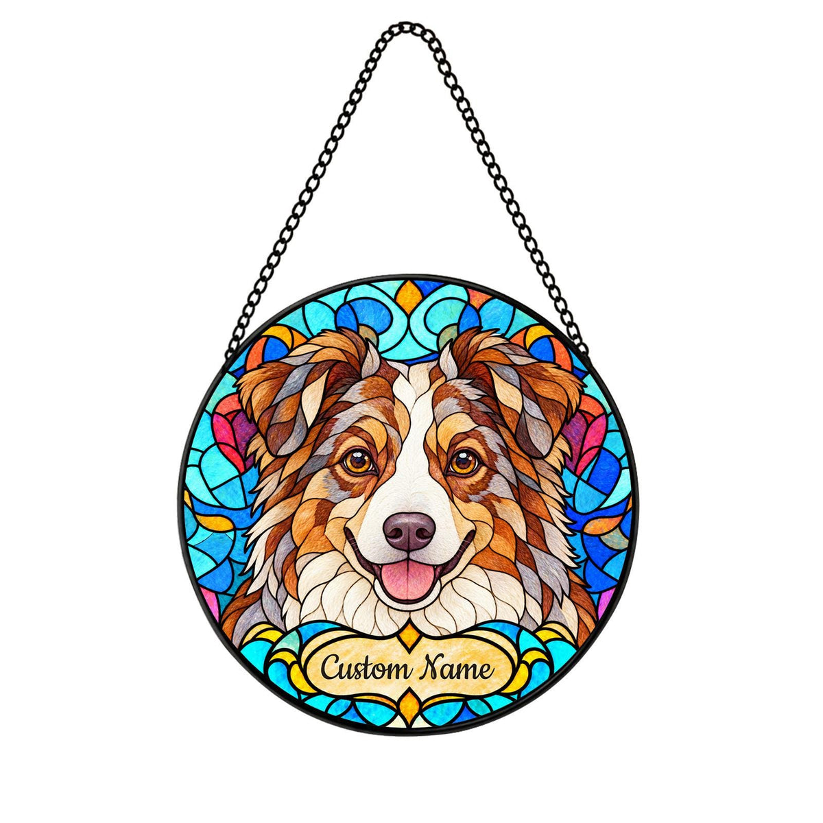 Personalized Miniature American Shepherd Suncatcher, Custom Name, Floral Stained Glass Window Hanging