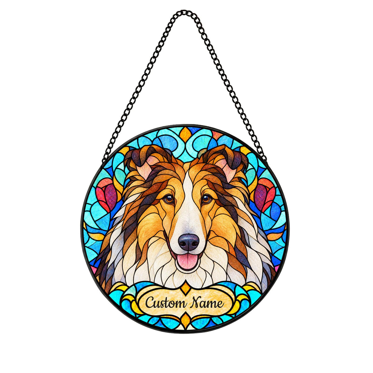 Personalized Collie Dog Suncatcher, Custom Name, Floral Stained Glass Window Hanging