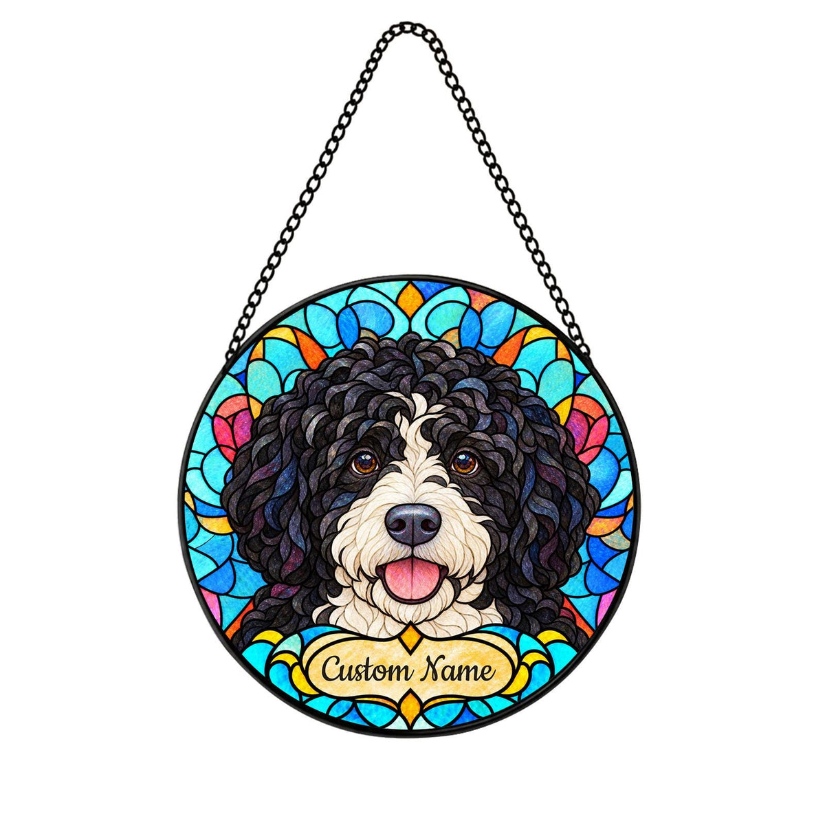 Personalized Portuguese Water Dog Suncatcher, Custom Name, Floral Stained Glass Window Hanging