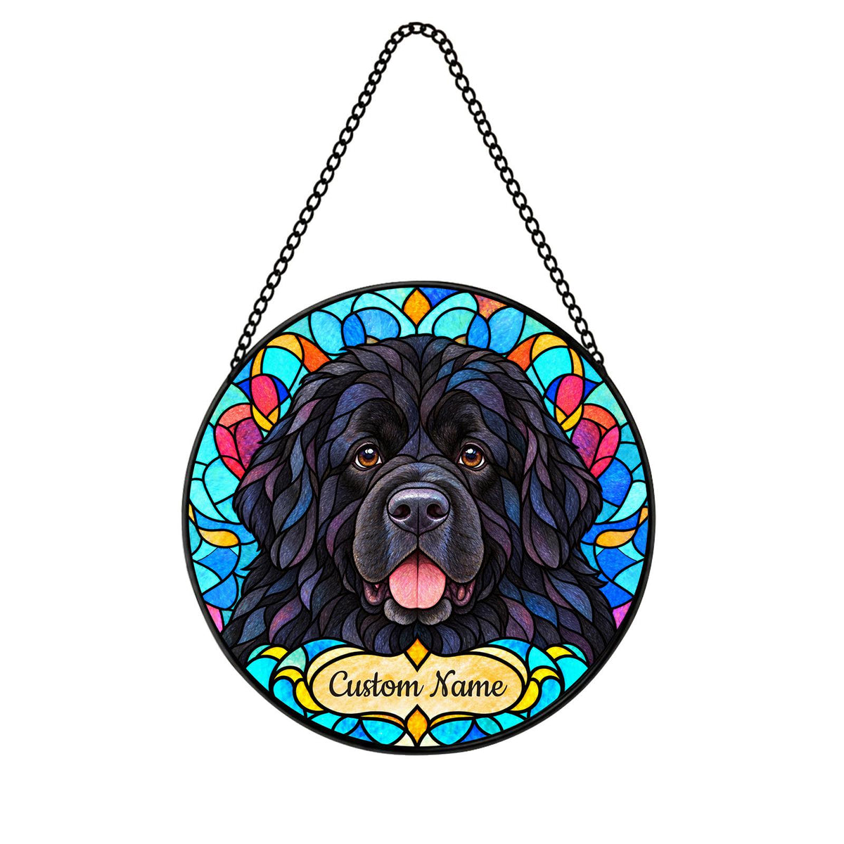 Personalized Newfoundland Dog Suncatcher, Custom Name, Floral Stained Glass Window Hanging
